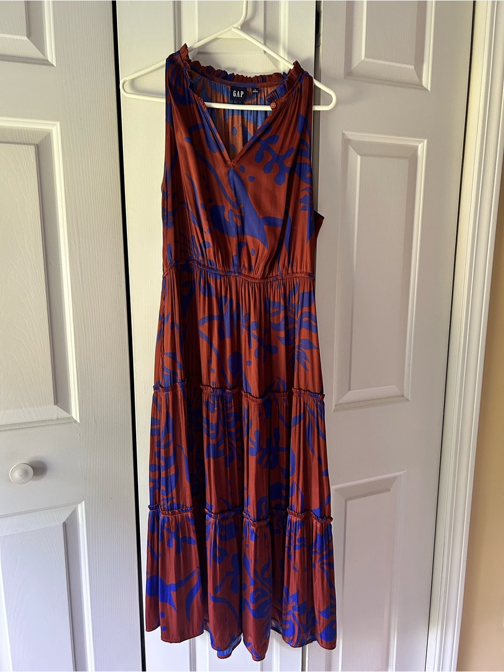 GAP Rust and Blue Abstract Tiered Maxi Dress